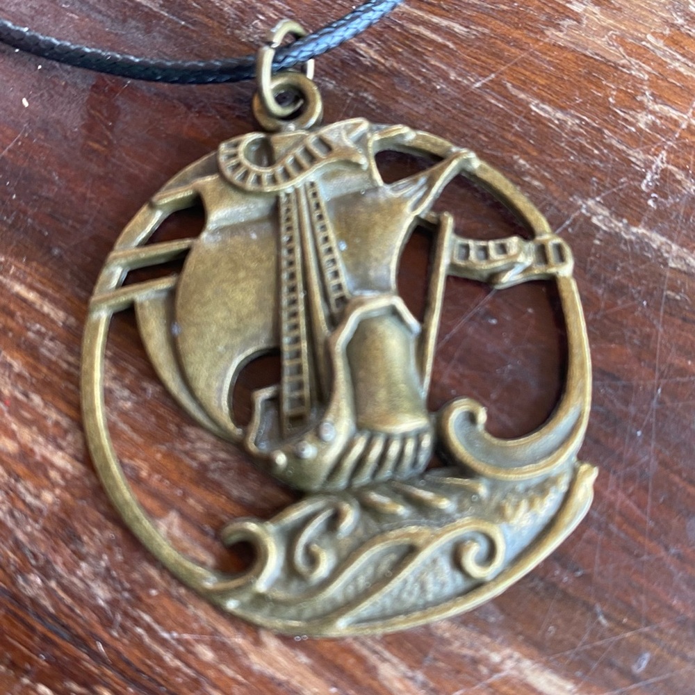 Antique Brass colored pirate ship Pendant Necklace 13"